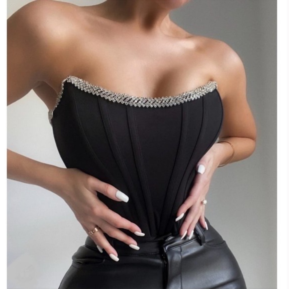 h:ours Sandy Rhinestone Bustier Top in Black Corset Coquette Revolve